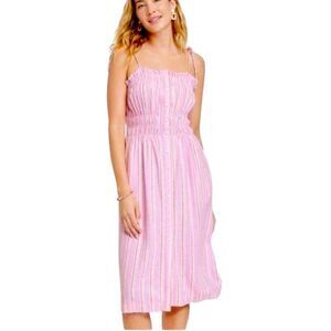 Universal Thread Pink and Red Striped Linen Blend Midi Dress, Size L, NWT